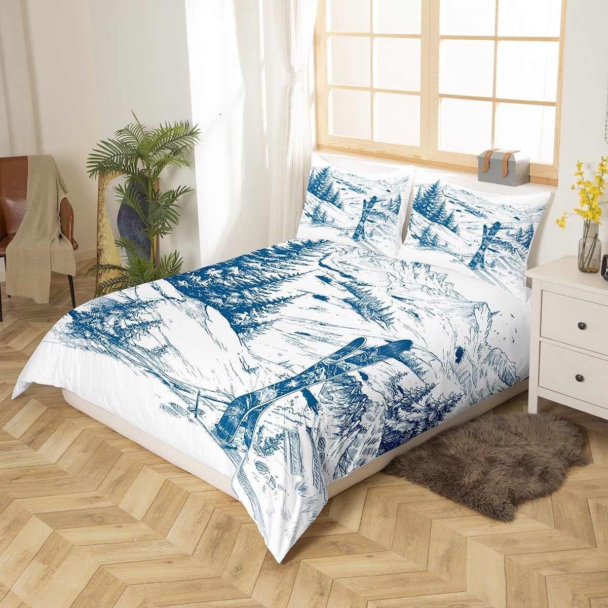 Erosebridal Ski Sports Duvet Cover King Size for Boys Kids Teens Men Winter Sports Ski Theme Comforter Cover Set with Zipper Ties Soft Microfiber Snow Mountain Landscape Bedding Set for Adult Men