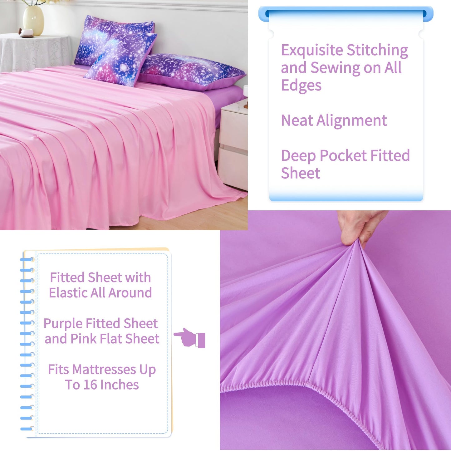 RYNGHIPY 6Pcs Girls Bedding Set Twin Size Purple Rainbow Comforter Set for Kids Teens Girls Glitter Bed in a Bag Lightweight Fluffy