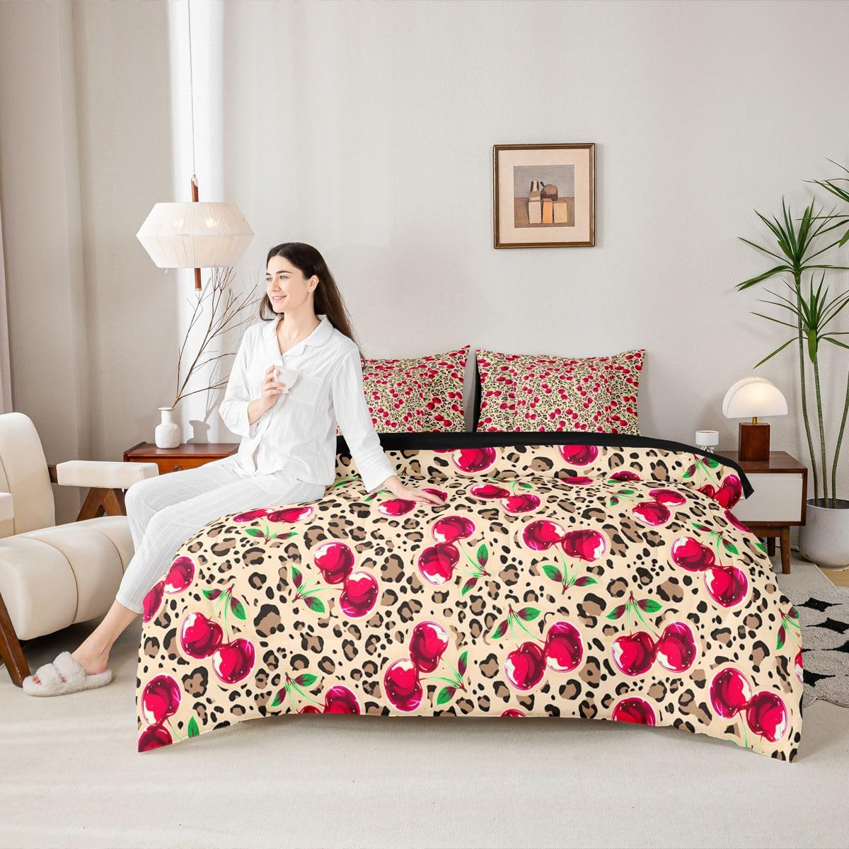 Erosebridal Cute Red Cherry Twin Size Bedding Set Y2K Retro Leopard Print 7 Pieces Comforter Set with Sheets for Women Girl Sweet Fruit Bed in a Bag Chic Animal Print Bed Sets