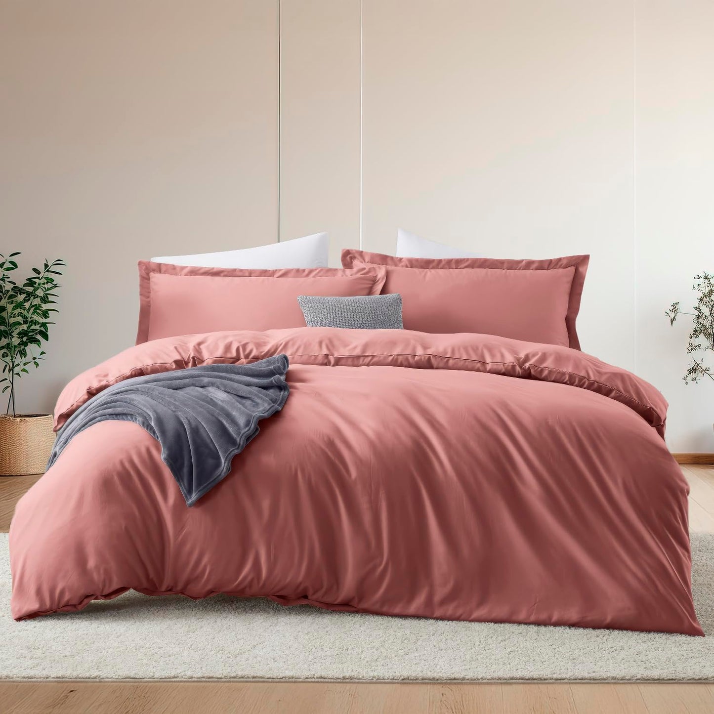 Hearth & Harbor Queen Size Duvet Cover & Bed Sheet Set Pink Clay, 7 Piece Soft Double Brushed Bedding Set, Includes Duvet Cover, Flat Sheet, Fitted Sheet, Pillowcases and Pillow Shams