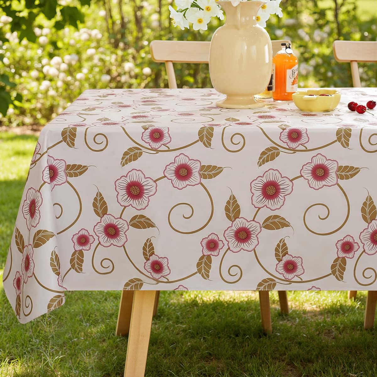 Spring Summer Vinyl Tablecloth with Flannel Backing Rectangle 52 x 70 Inch, 100% Waterproof & Oil Proof Plastic Floral Table Cloth, Heavy Duty Table Cover for Camping, Party, Picnic, Outdoor