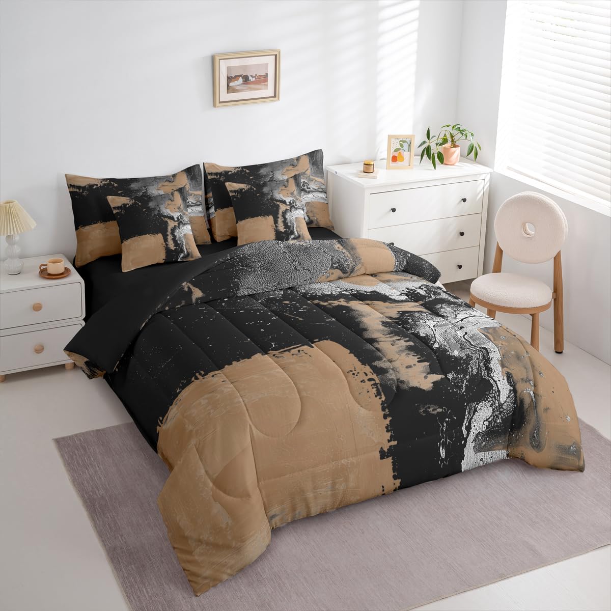 Feelyou Abstract King Comforter Set with Sheets for Kids Boys Girls Modern Abstract Art 7 Pieces Bedding Set Luxury Bed in a Bag Geometric Room Decor Brown and Balck Soft Lightweight Microfiber