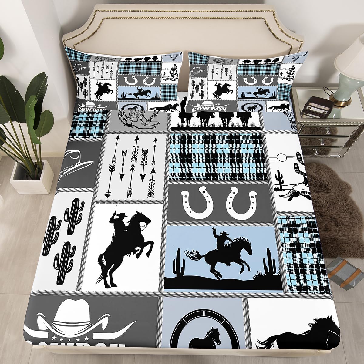 Western Cowboy Kids Fitted Sheet Full Size,Horseshoes Cactus Rustic Farmhouse Bedding Set,Boys Girls Adults Room Decor,Arrow Geometric Plaids Bed Cover,Blue Retro Bed Sheet,2 Pillowcases