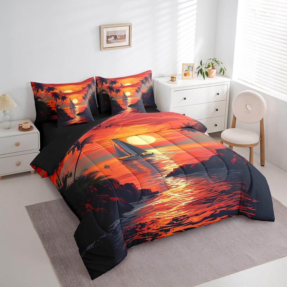 Erosebridal Hawaiian Beach Sunset Bedding Set for Kids Teen Adults,Summer Sea Ocean Twin Comforter Set 7 Piece Palm Tree Sailboat Bed in A Bag Red Retro Tropical Bed Set