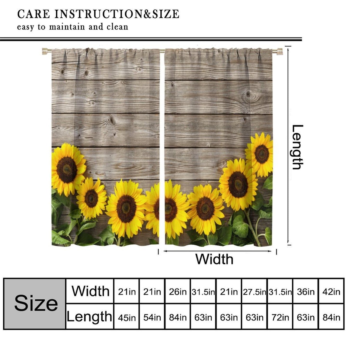 Focusbrite Sunflower Window Curtains,Rustic Country Flower Art Printed Window Drapes for Living Room Bedroom Kitchen Home Set 2 Panels,42x45 Inches