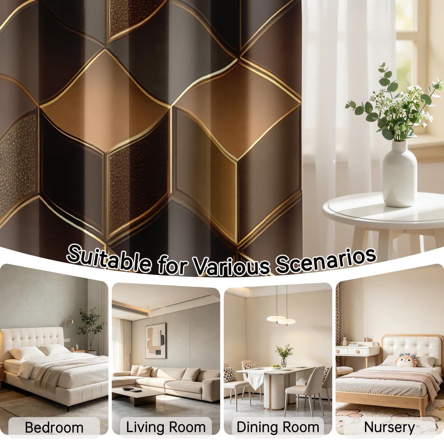 Mistwalk Brown and Gold Curtains 108 Inch Length 2 Panels Set, Patterned Blackout Curtains for Bedroom & Living Room, Room Darkening Thermal Insulated Grommet Drapes, 3D Geometric Window Treatments