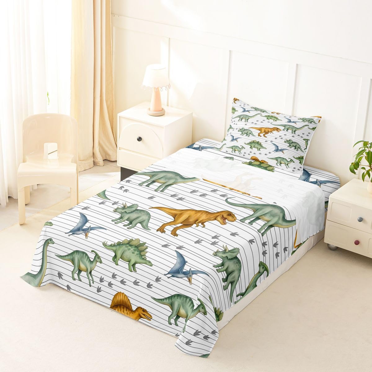 Feelyou Dinosaur Bed Sheets Set Twin Size 3D Digital Print Bed Set for Kids Boys Girls Jungle Dino Deep Pocket Fitted Sheet Wild Animal Breathable Soft Lightweight Microfiber Orange and Green