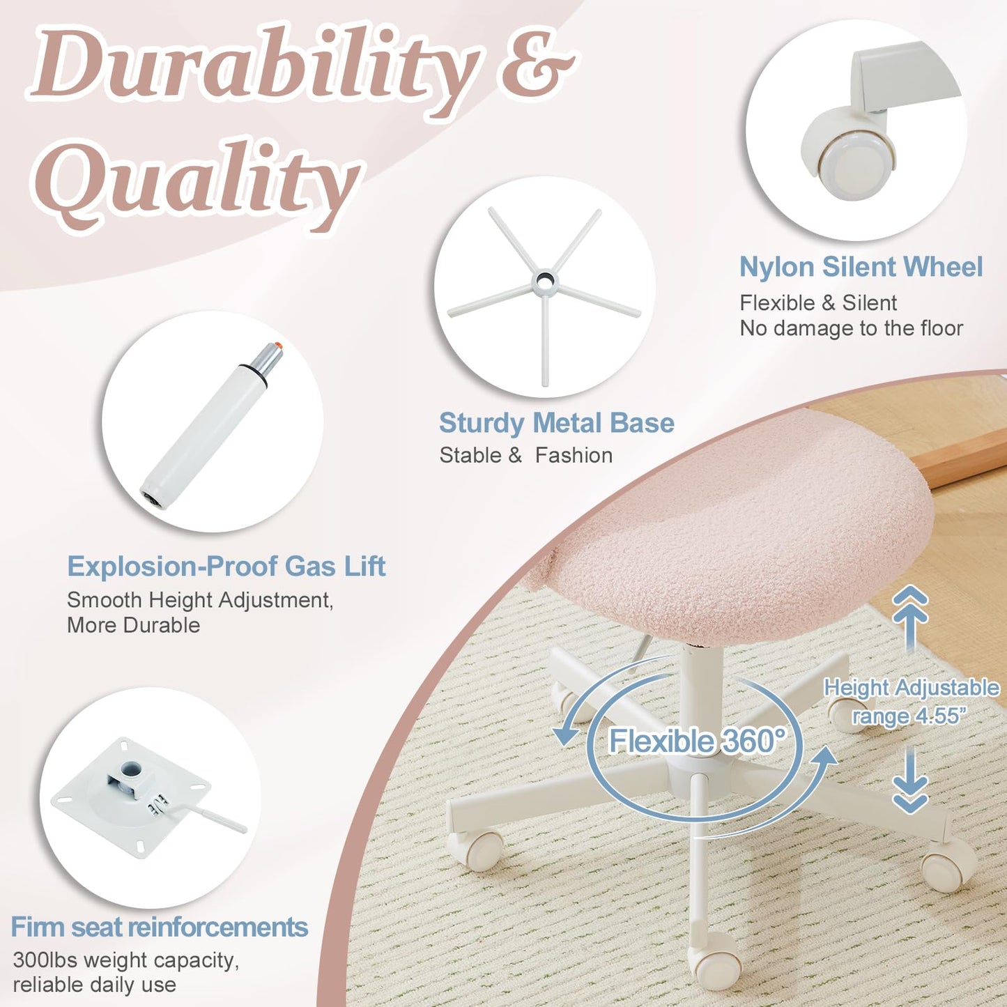 VINGLI Cute Candy Chair Armless Comfy Small Office Desk Vanity Chair with Wheels & Lumbar Support,Teddy Adjustable Rolling Swivel Computer Task Ch for Home Office,Bedroom,Gentle Pink