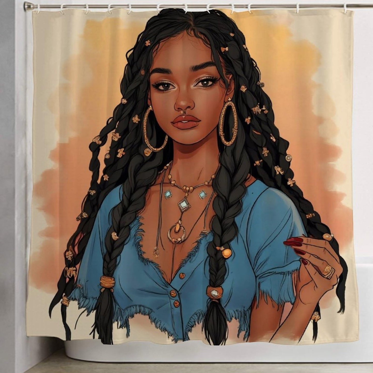 Meaudiwes Bathroom Decoration Shower Curtain Set with Curtain Hooks African American Black Woman Girl Painting Art, 72"x 70"