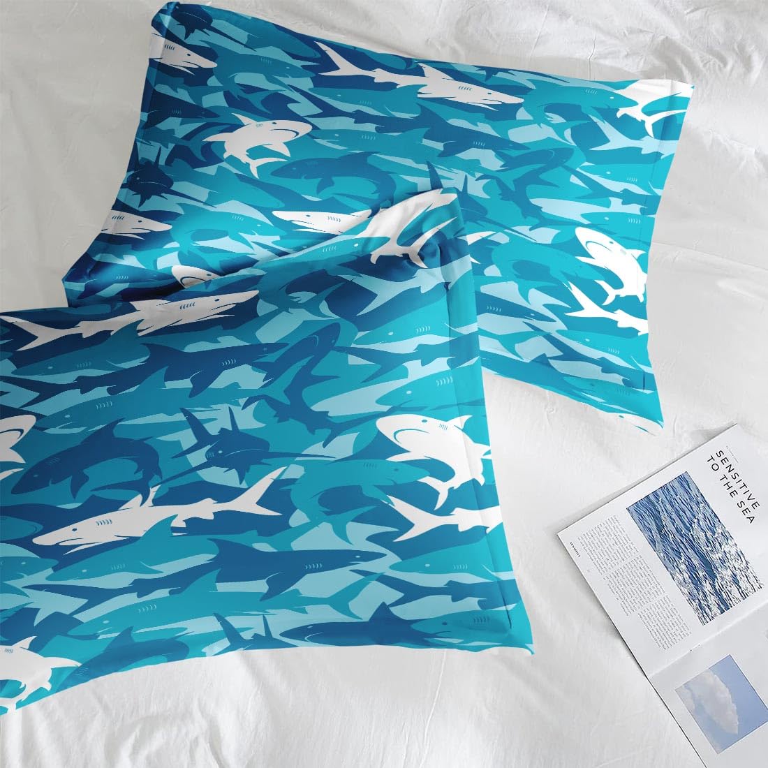 Nesphy Blue Shark King Comforter Set, Ocean Surf Camouflage Bedding Set 3 Piece, All Season Soft Toddlers Children Adults Bedroom Bed Decoration Comforter and 2 Pillow Shams