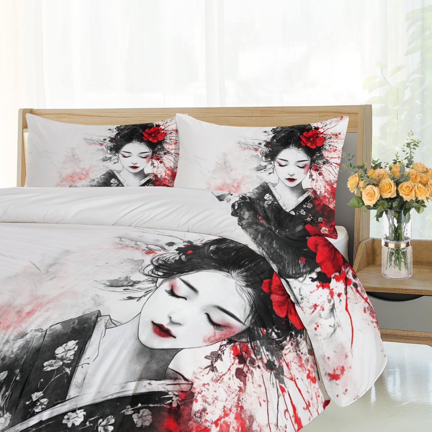PAISUOQ Kids Duvet Cover Queen Size - Japanese Girl Home Decor & Gifts, 3 Piece Back to School Dorm Bedding, Easy Care Microfiber Comforter Cover & Pillowcases, Traditional Oriental