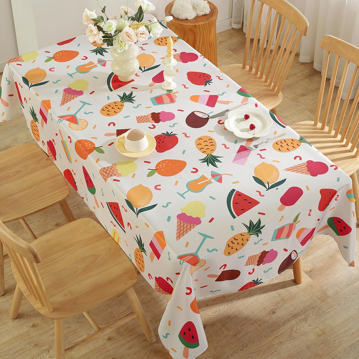 SASTYBALE Summer Tablecloth Rectangle 52 x 70 Inch, Lemon Ice Cream Pineapple Watermelon Strawberry Fruit Print Table Cloth, Spill Proof Polyester Table Cover for Dining, Party, Indoor, Outdoor
