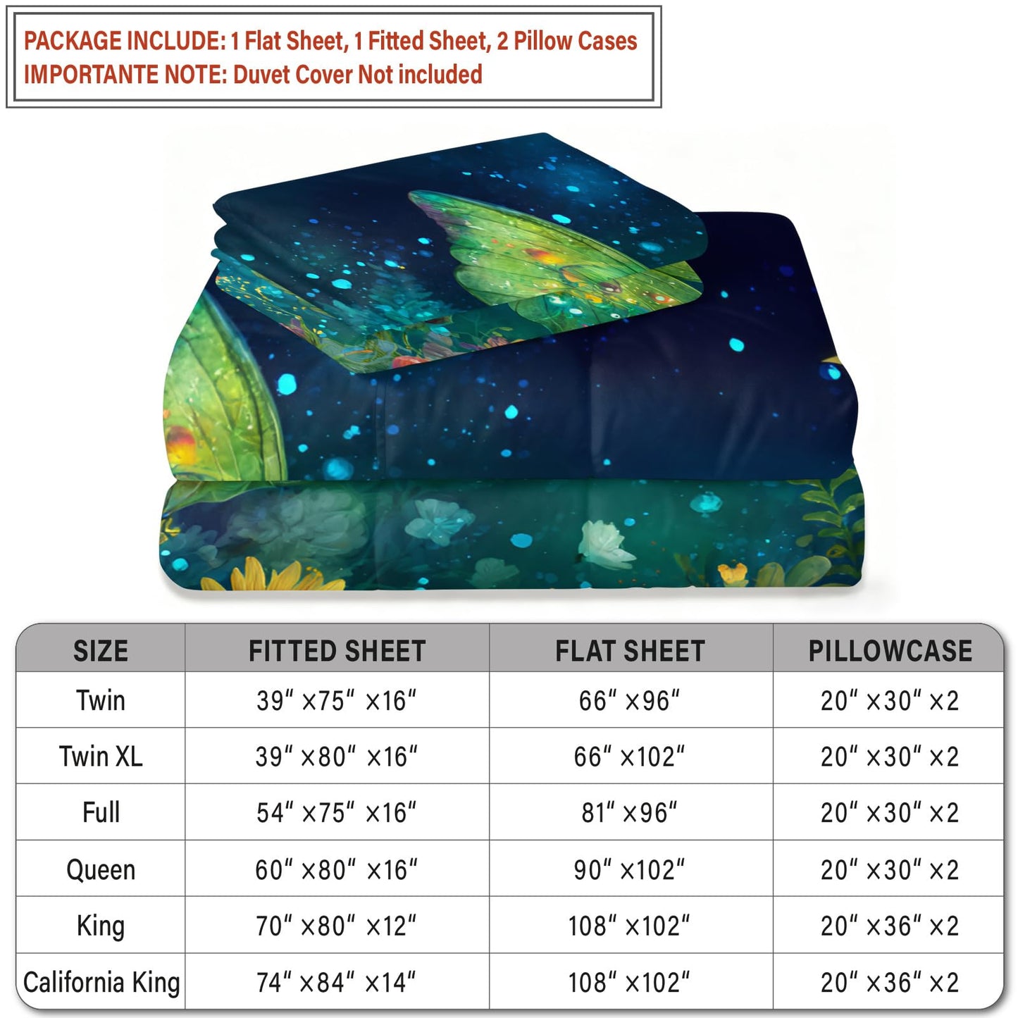 ZAOMIR Dreamy Butterfly Floral Bed Sheets Set King for Kids Teen, Night Sky Moon Butterfly Sheet Set 4 Pcs for Girls Women, Flowers Botanical Sheets with Fitted & Flat Sheet & 2 Pillowcases