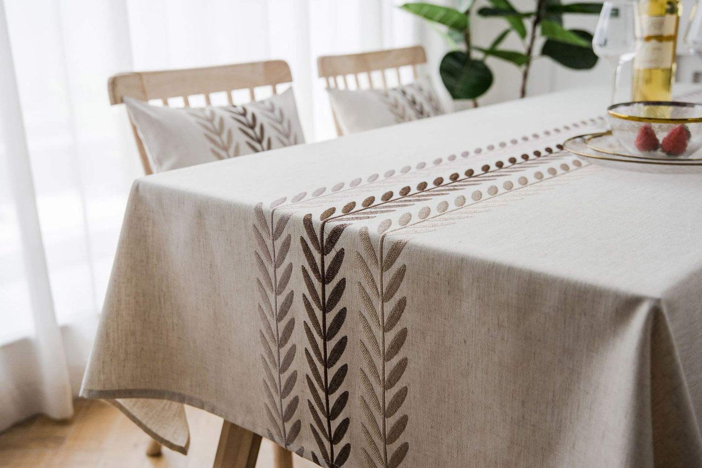 Bringsine Embroidery Wheat Ear Tablecloth Heavy Weight Cotton Linen Fabric Dust-Proof Water-Proof Table Cloth Cover for Kitchen Dinning Tabletop Decoration (Rectangle/Oblong, 53 x 53 Inch, Linen)