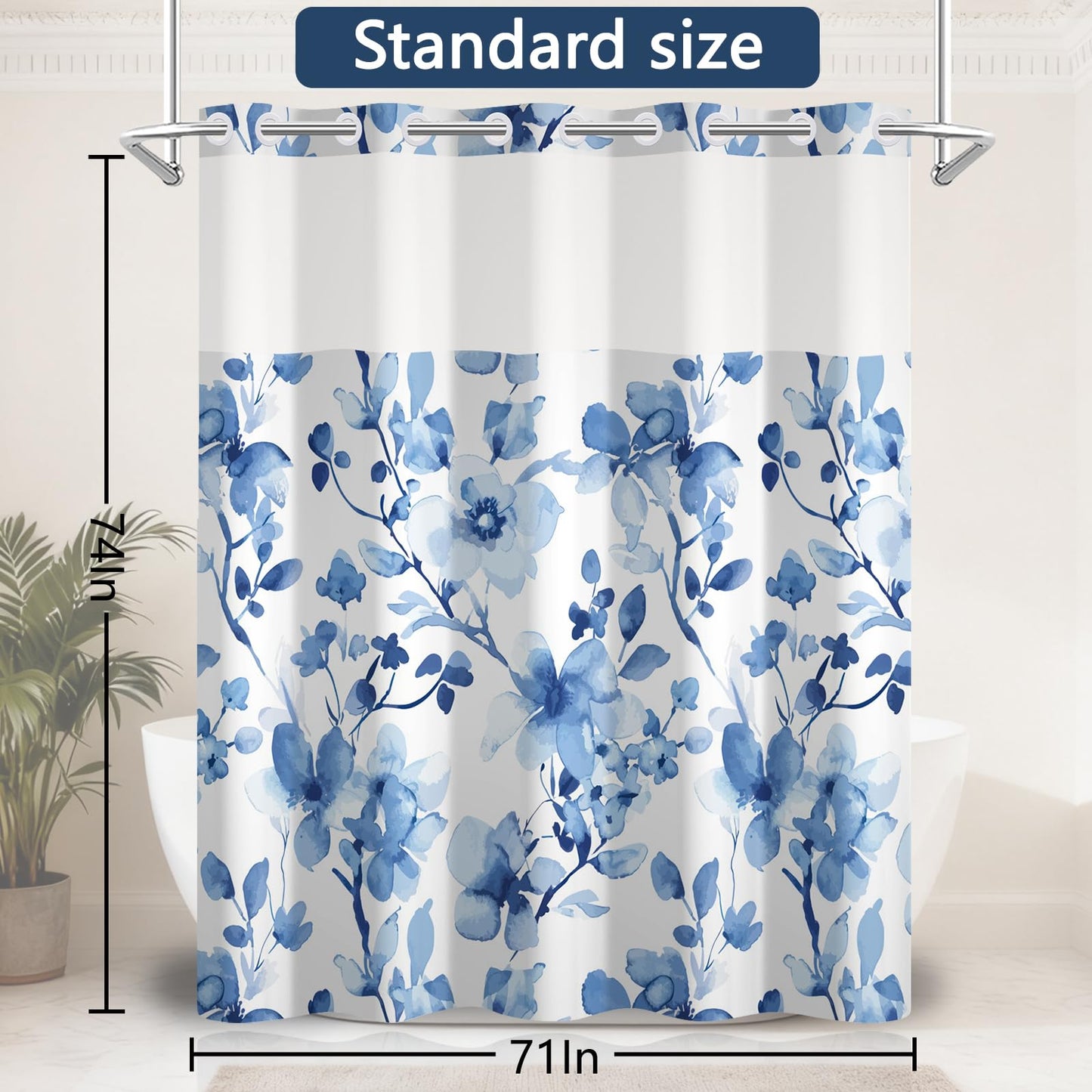 NAEMBCU No Hook Shower Curtain with Snap-in Liner 71x74 Inch