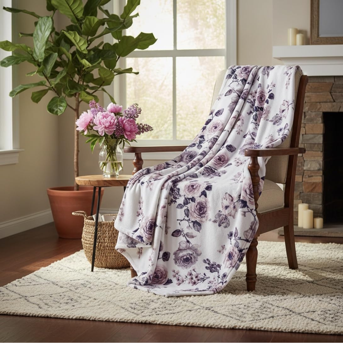 Decorative Floral Fleece Throw Blanket: Velvety Soft Plush Rose Flower Accent for Couch or Bed, Blush Pink Purple Navy Blue Grey on White, Oversized 50" x 70" Inches