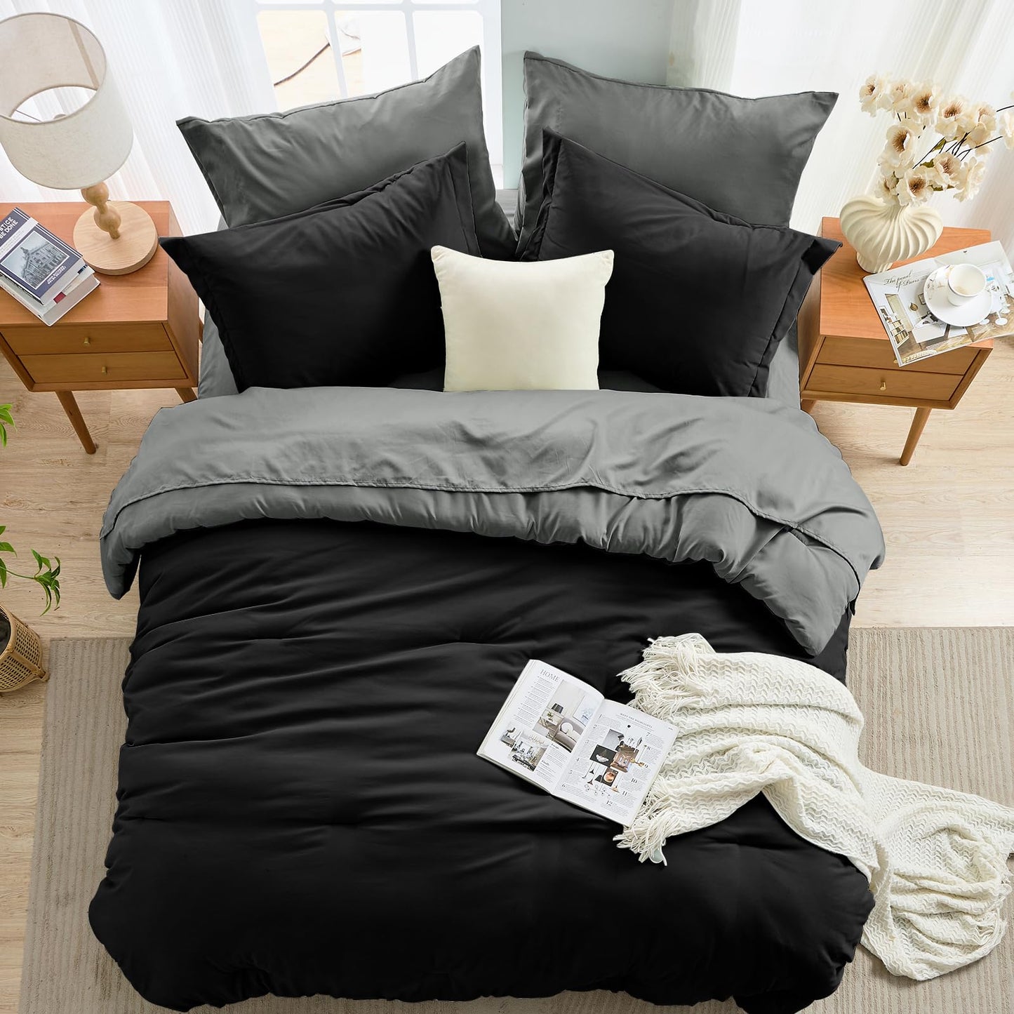 MUXHOMO 7 Pieces King Comforter Set, Soft Bed in a Bag King Size, All Season Bedding Set with Comforter, Flat Sheet, Fitted Sheet, Pillowcases & Shams, Black & Grey