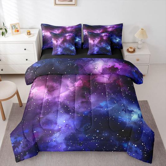 Erosebridal Universe Space Comforter Set Galaxy Bed in A Bag Queen Size 7 Pieces Purple Blue Starry Sky Bed Set Room Decor Outer Space Nebula Bedding with Sheets