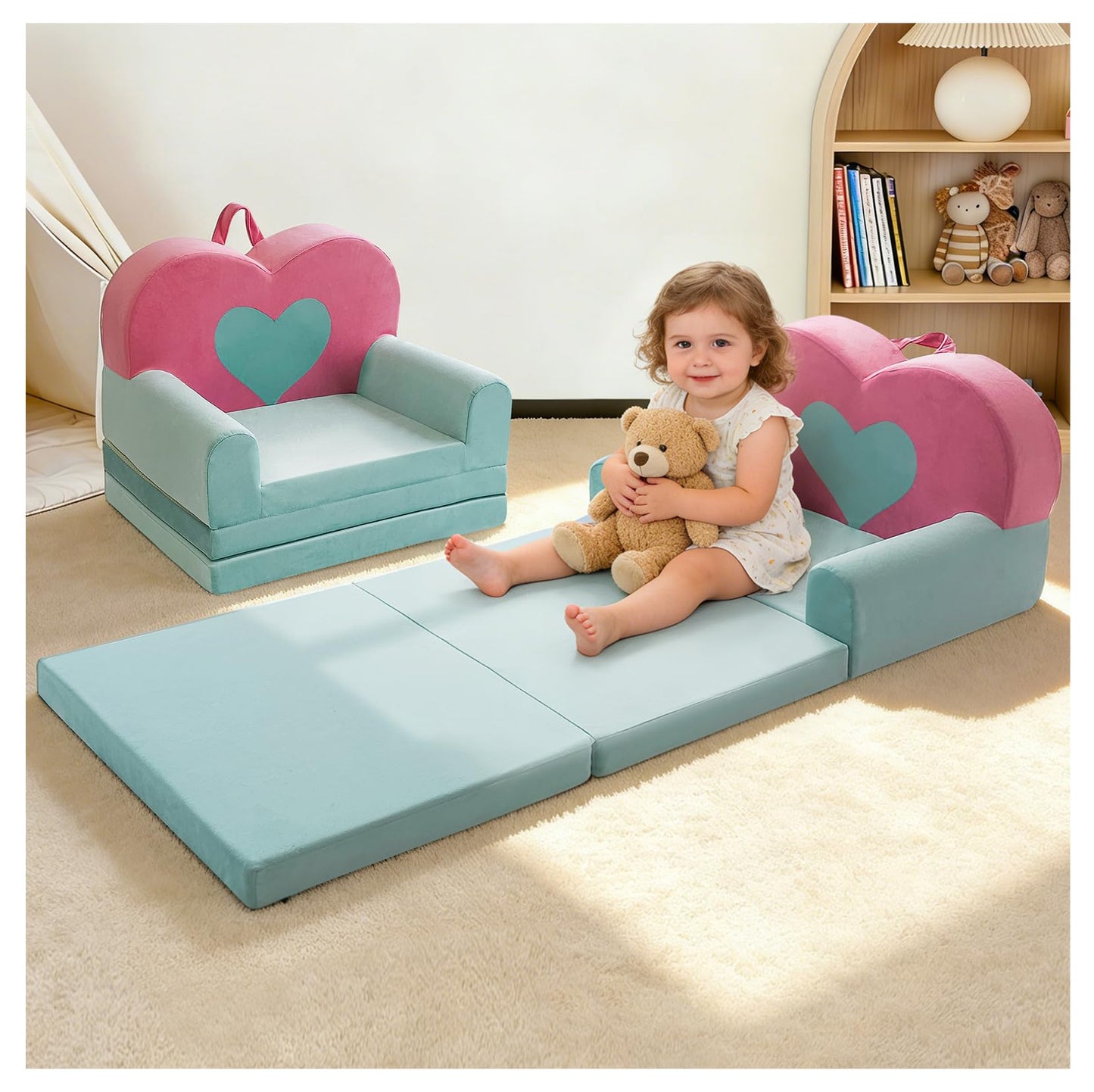 KKS KAKINNSYUU 2 in 1 Toddler Couch Kids Sofa, Fold Out Foam Couch Convertible to Lounger, Soft Plush Toddler Sofa for Playroom, Kids Furniture Gift for Birthday Childrens Day, Pink Heart