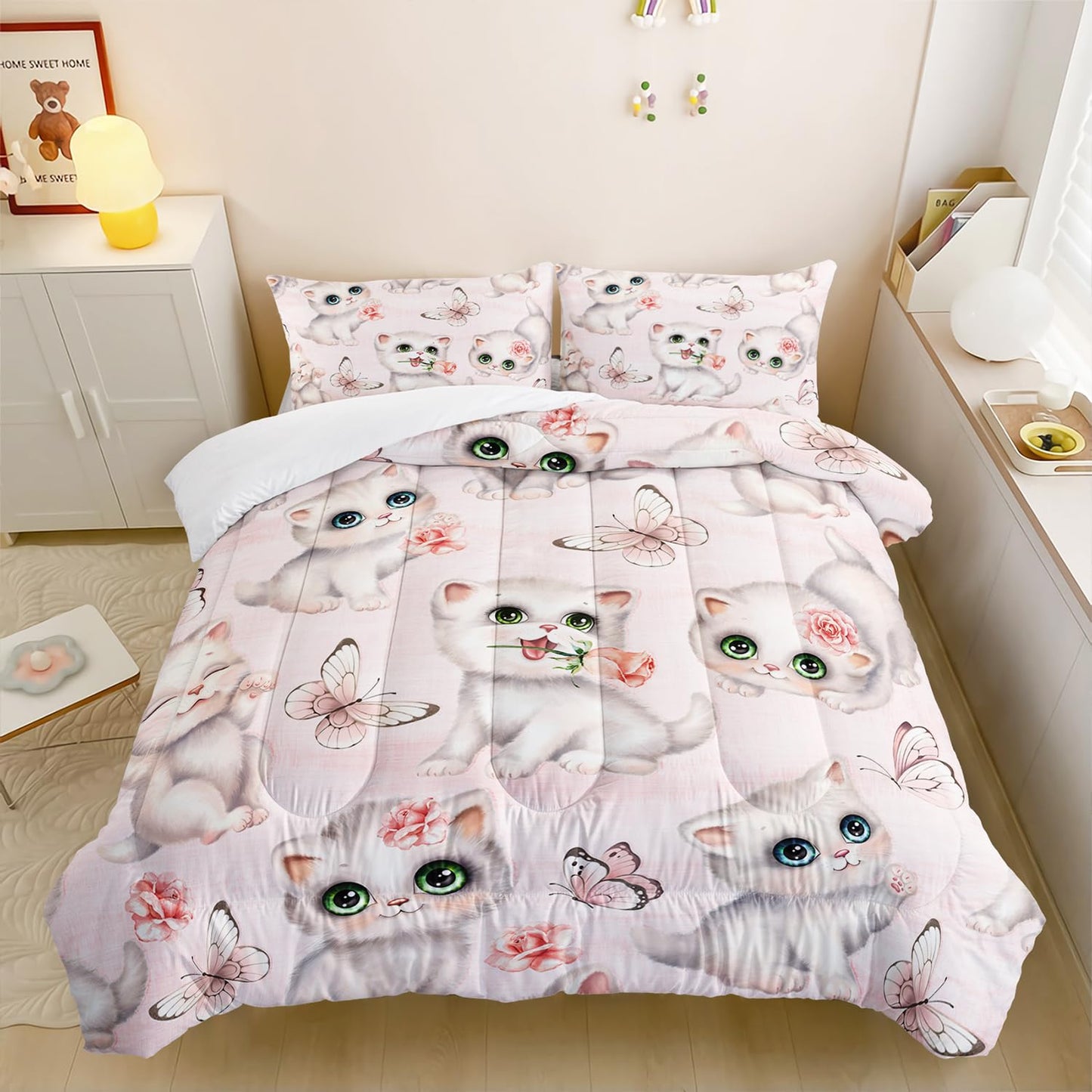 XYNHML Kids Bedding Full Cartoon Cat Comforter 3 Pieces Pink White Cat Butterflies Comforter Set for Teens Kids Boys Girls Adults Kawaii Flower Quilt with 1 Comforter and 2 Pillowcases
