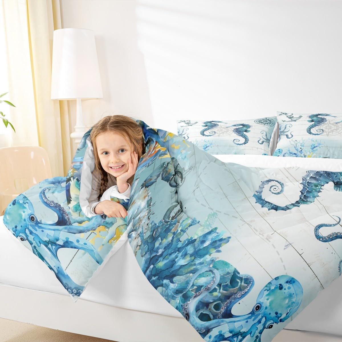 Manfei Hippocampus Comforter Set Twin Size, Sea Turtle Seahorse Octopus Quilt Set with 1 Pillowcase, Nautical Anchor Compass Bedding Set 2pcs for Kids Boy Girls Marine Life Duvet Insert