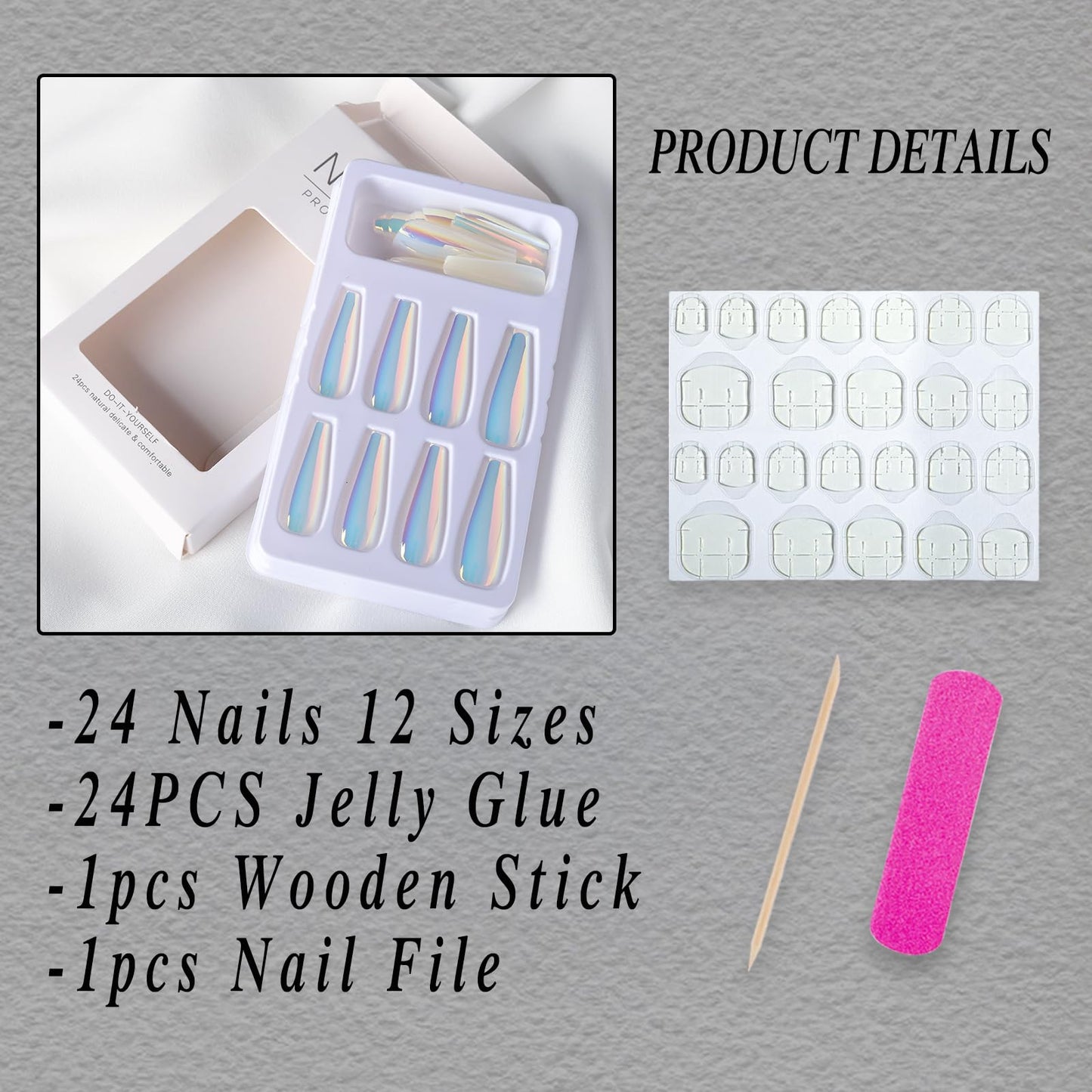 Chrome Press on Nails Ballerina Long Coffin False Nails Holographic Mirror Fake Nails Luxury Chameleon Metallic Full Cover Glue on Nails for Women Girls Artificial Acrylic Nail Decoration 24pcs