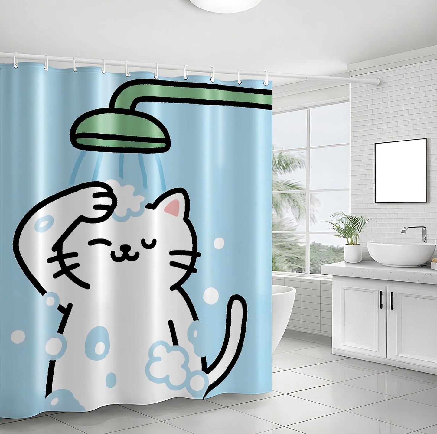 THISFIND Cute Cat Bath Time Shower Curtain- Cute Cartoon Kitten Showering with Bubbles, Waterproof Bathroom Decor Set with Hooks 72x72 Inches