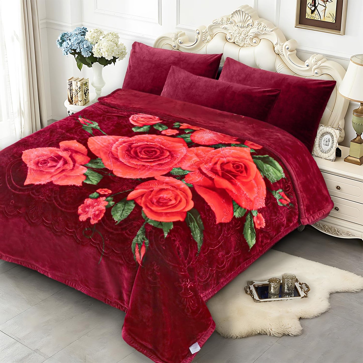JYK Korean Mink Fleece Bed Blanket Queen Size 75" x 87", 5 Pounds - 2 Ply Reversible Silky Soft Plush Warm, Comfy Blanket for Autumn, Winter -Rose/Virgin Mary