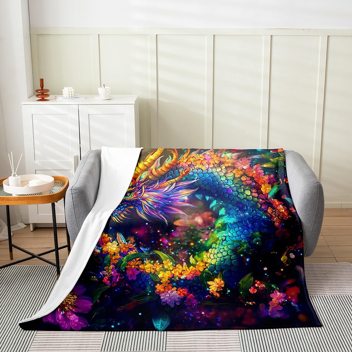 Feelyou Dragon Plush Throw Blanket Queen 90"x90" Flower Dragon Flannel Fleece Blanket for Boys Girls Teens Wild Life All Season Bed Blanket Dragon Decor Blanket Room Decor Clorful