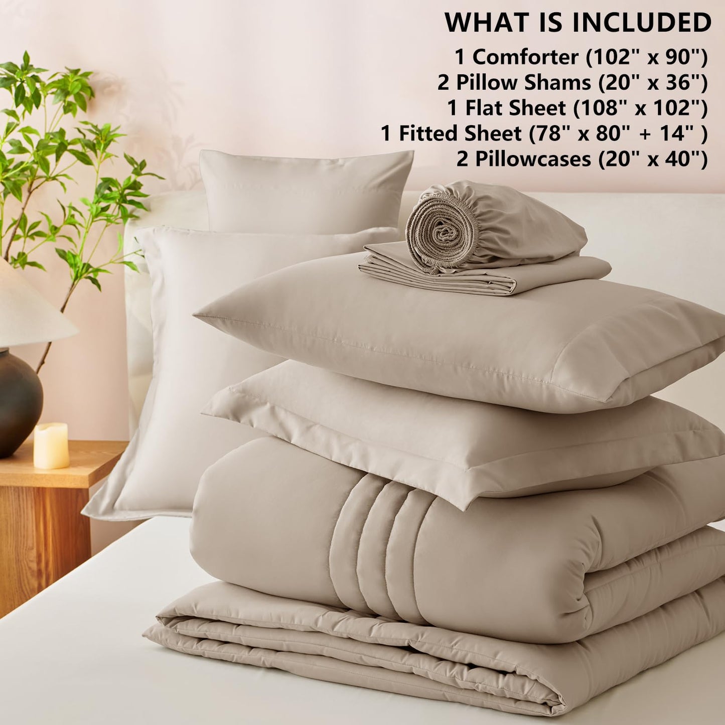 CozyLux King Size Comforter Set Wheat - 7 Pieces Bed in a Bag, Modern Vertical Quilted Room Decor, Soft All-Season Bedding Gift with Comforter, Sheets, Pillowcases & Shams