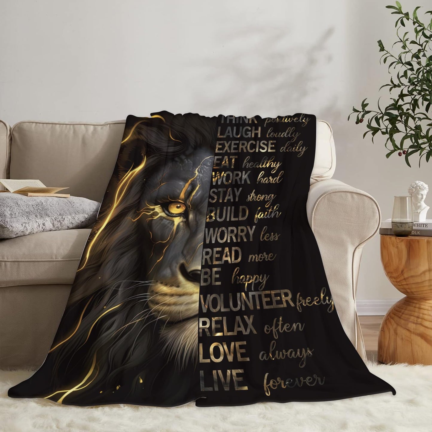 Miyotaa Lion Man Black Gold Blanket 50Wx60H Inch Quotes Inspirational Motivational Positive Masculine Male Warm Fuzzy Throw Blanket for Sofa Bed Throws Birthday Presents