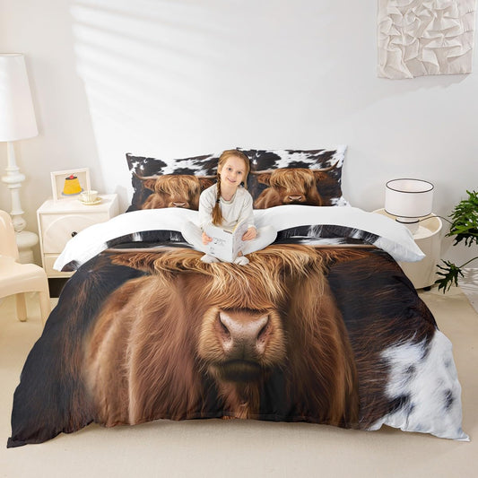 Highland Cattle Duvet Cover Set Queen,Cow Fur Bedding Set 3pcs for Kids Teens Boys Girls Room Decor, Farmhouse Animals Cowhide Comforter Cover Black White Brown Rustic Quilt Cover with 2 Pillowcases