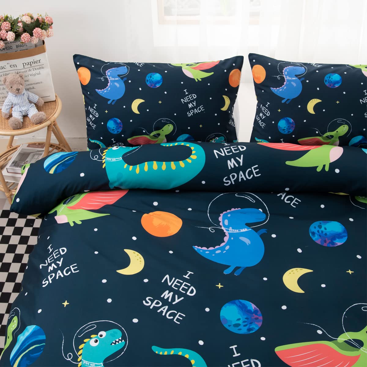 CVHOUSE Dinosaur Bedding Queen Size,Space Dinosaur Bedding Set for Boys Kids Teens,Nave Blue Comforter Set Cover Soft,1 Duvet Cover 2 Pillowcases 3 Piece,Boy's Bedroom Decor