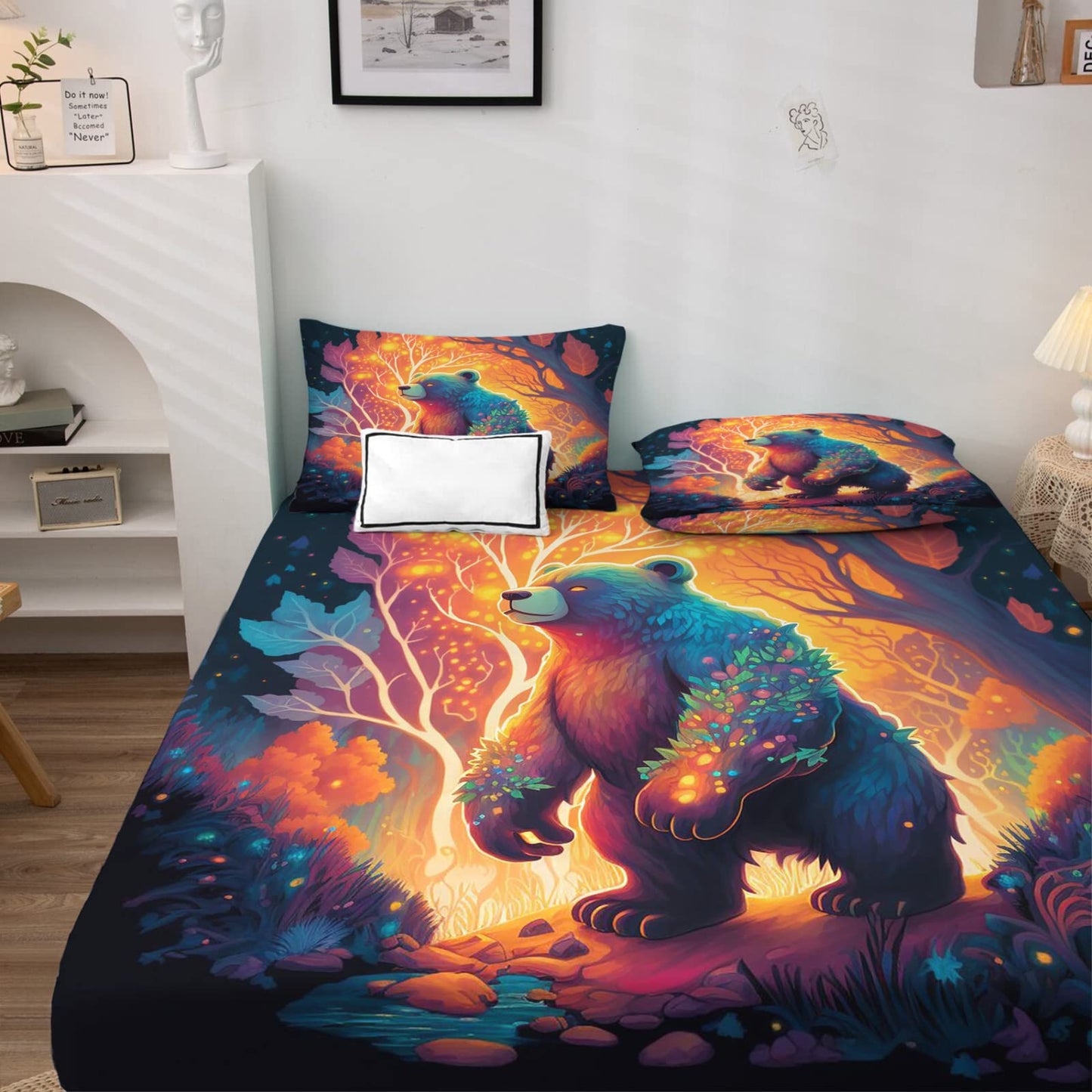 zcwl Queen Sheets Set, Bear Bed Sheets - Microfiber Bedding Sheets & Pillowcases 4 Piece, Forest Animal Colorful Patterned Sheet Set, 16 Inch Deep Pocket Fitted Sheet, Silky Soft Wrinkle Free