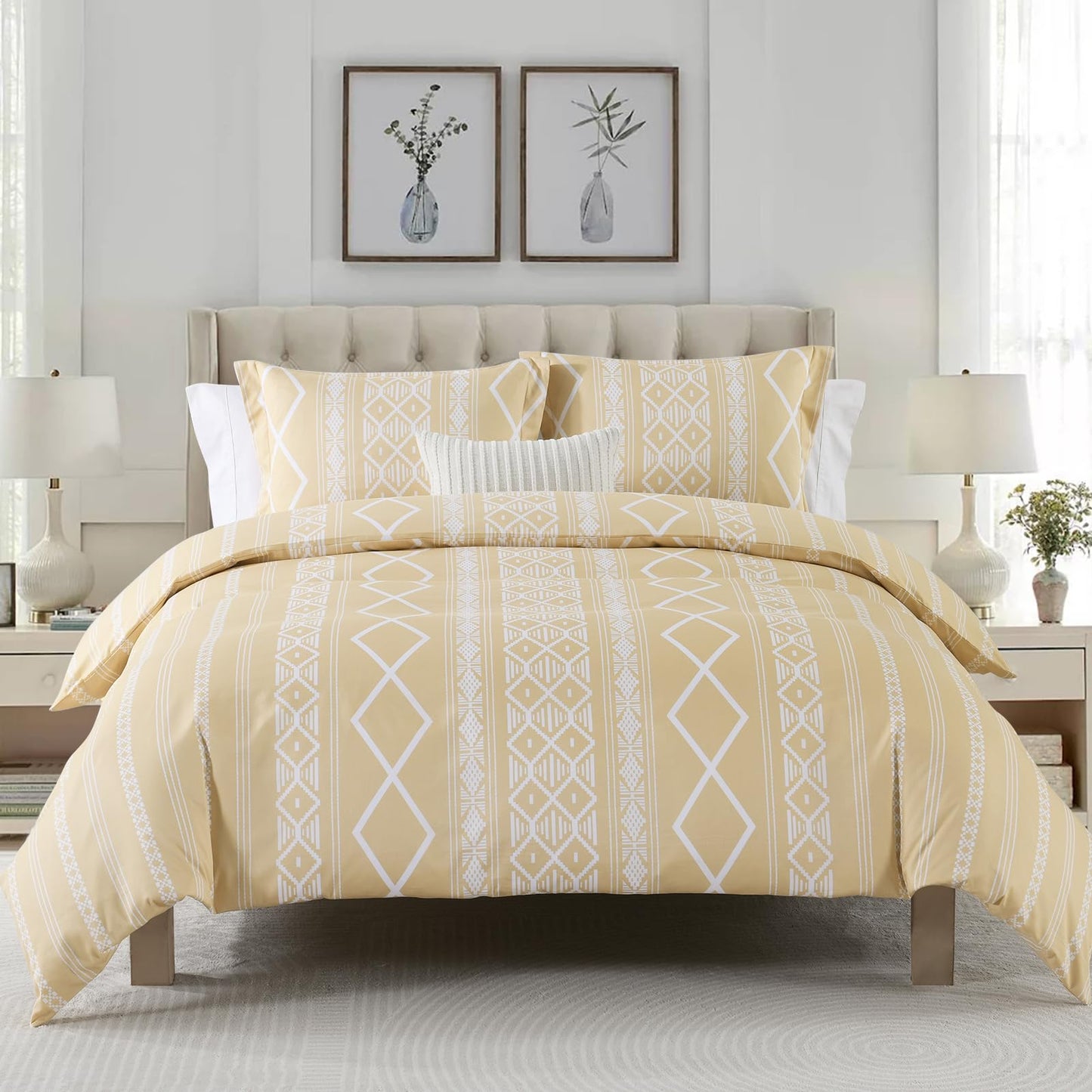 CozyDH Duvet Cover Set King Size - 400TC 100% Cotton Beige Boho Geometric Pattern Comforter Cover Set, 3 PCS Bohemian Soft Lightweight Bedding Set with Zipper Closure (104x90, No Comforter)