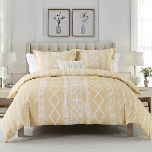 CozyDH Duvet Cover Set King Size - 400TC 100% Cotton Beige Boho Geometric Pattern Comforter Cover Set, 3 PCS Bohemian Soft Lightweight Bedding Set with Zipper Closure (104x90, No Comforter)