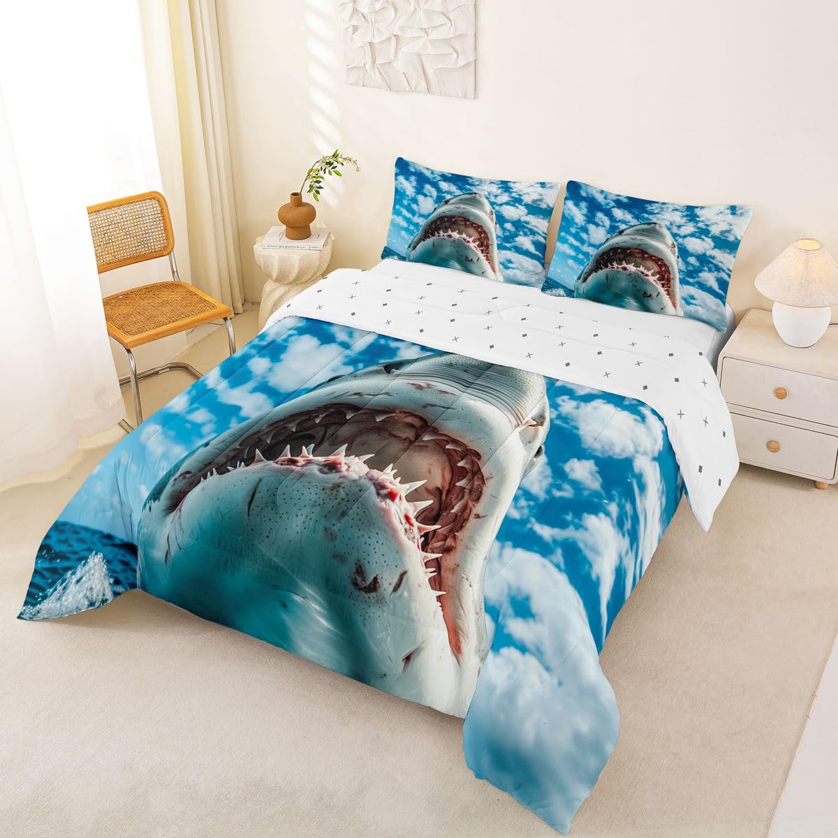 Feelyou Shark Bedding Set Soft for Boys Girls, Ocean Sea Animal Comforter Set Queen Size Sea Underwater World Duvet Quilt Microfiber Marine Theme Bedroom Decor 3 Pcs with 2 Pillow Cases