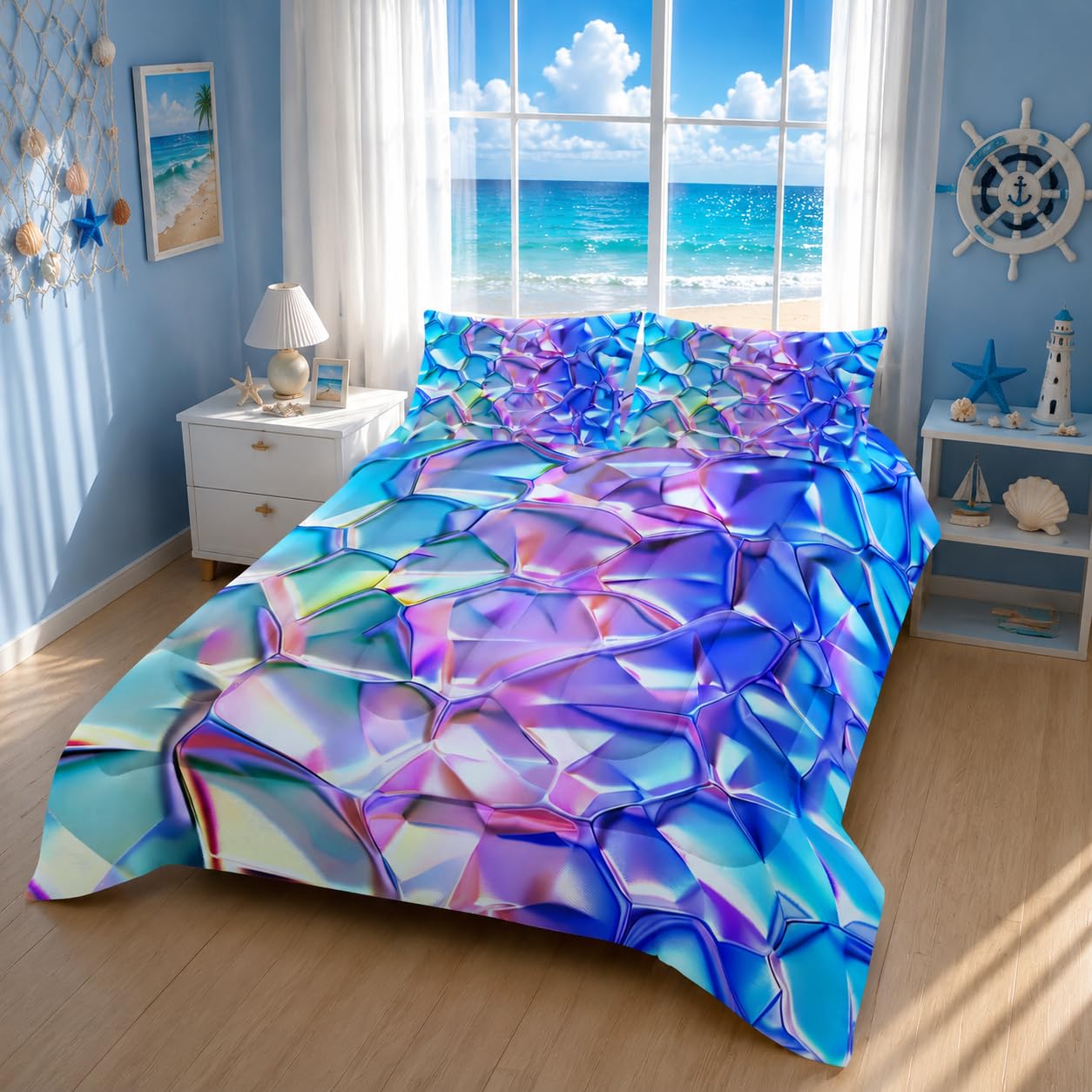 Nttopship Purple and Blue Abstract Art Comforter Modern Abstract Comforter Set,Laser Gradient Bedding Set Full Size,Mordern Art Decor All Season Lightweight Soft Microfiber with 2 Pillow Shams