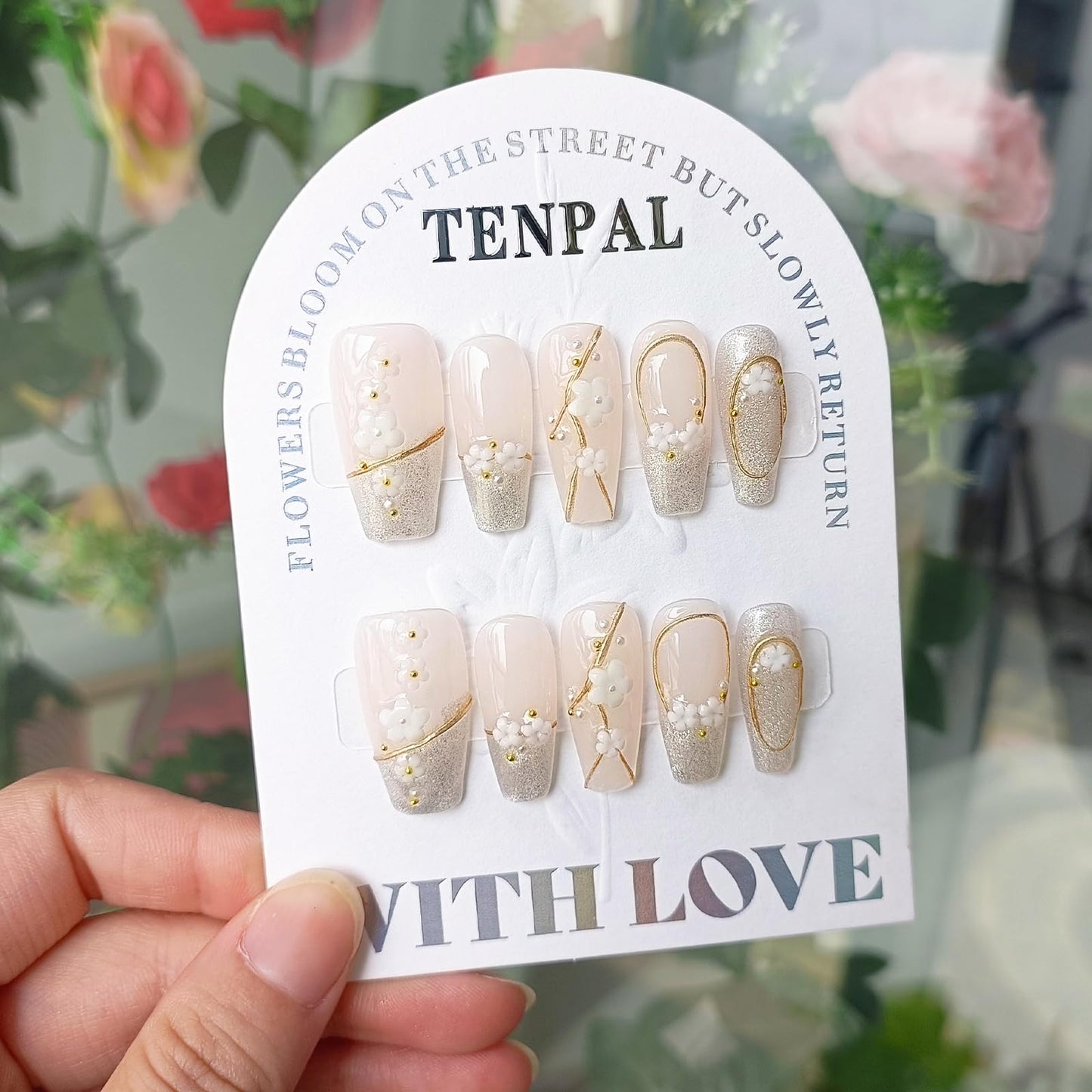 TENPAL 10PCS Soft Gel Press on Nails with Tools Kit,French Cat Eye Cherry Blossom 3D Gold Edge Fake Nails,Hand-Painted Sparkling Floral Design Glue on Nails,K-Style Medium Long Coffin False Nails(XS)