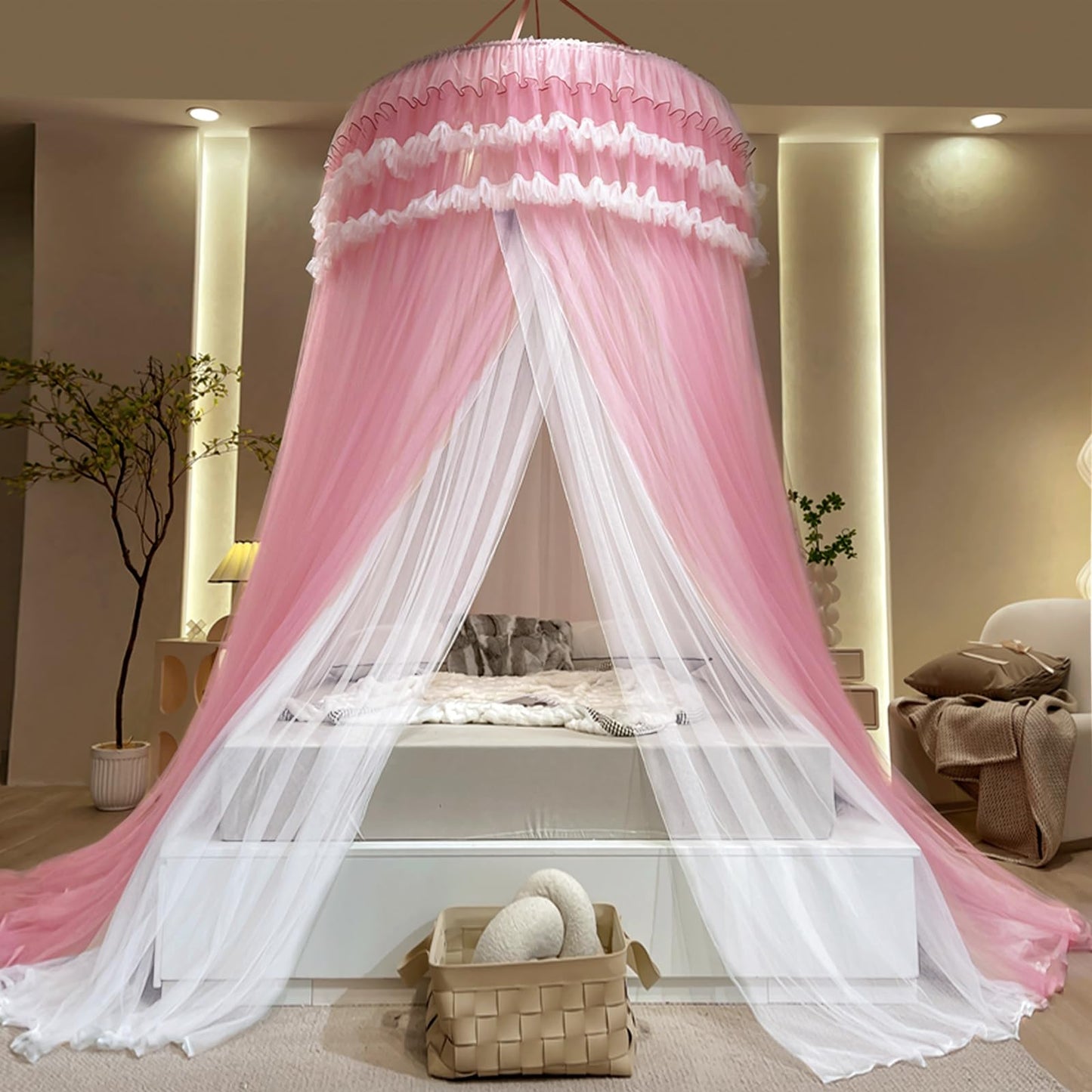 Kertnic Dreamy Bed Canopy for Girls, Princess Canopy Curtains Double Layer Sheer Mesh, Adults Canopies Netting Room Decor Tent Mosquito Net for Queen King Bed (Double Layer-Peach Pink)