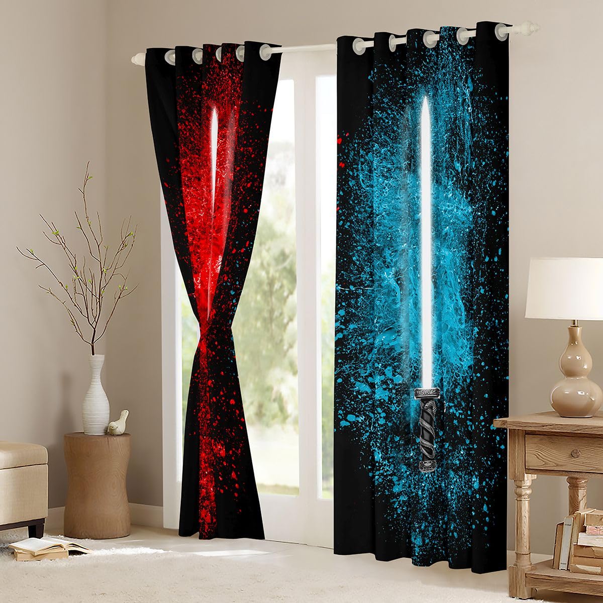 Feelyou Lightsaber Curtains Red Blue Tie Dye Curtains for Bedroom Living Room for Kids Boys Teens Future Technology Windows Drapes Soft Durable Washable Room Decoration,42 X 63 Inch,2 Panels