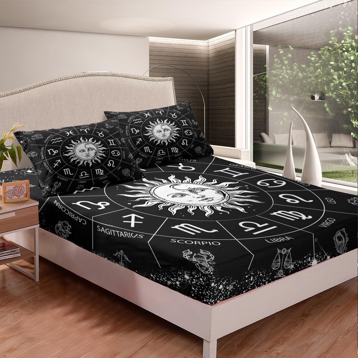 Manfei Sun and Moon Fitted Sheet Twin Size Twelve Constellations Zodiac Bedding Set 2pcs for Kids Boys Girls Bedroom Decor, Astrology Bed Cover Black and White Bed Sheets with 1 Pillowcase