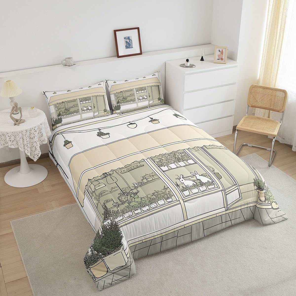 jejeloiu Cute Anime Bedding Set 2Pcs Twin Size Kids Rabbit Japanese Street Comforter Set for Boys Girls Bunny Duvet Quilt Soft Lightweight,Microfiber