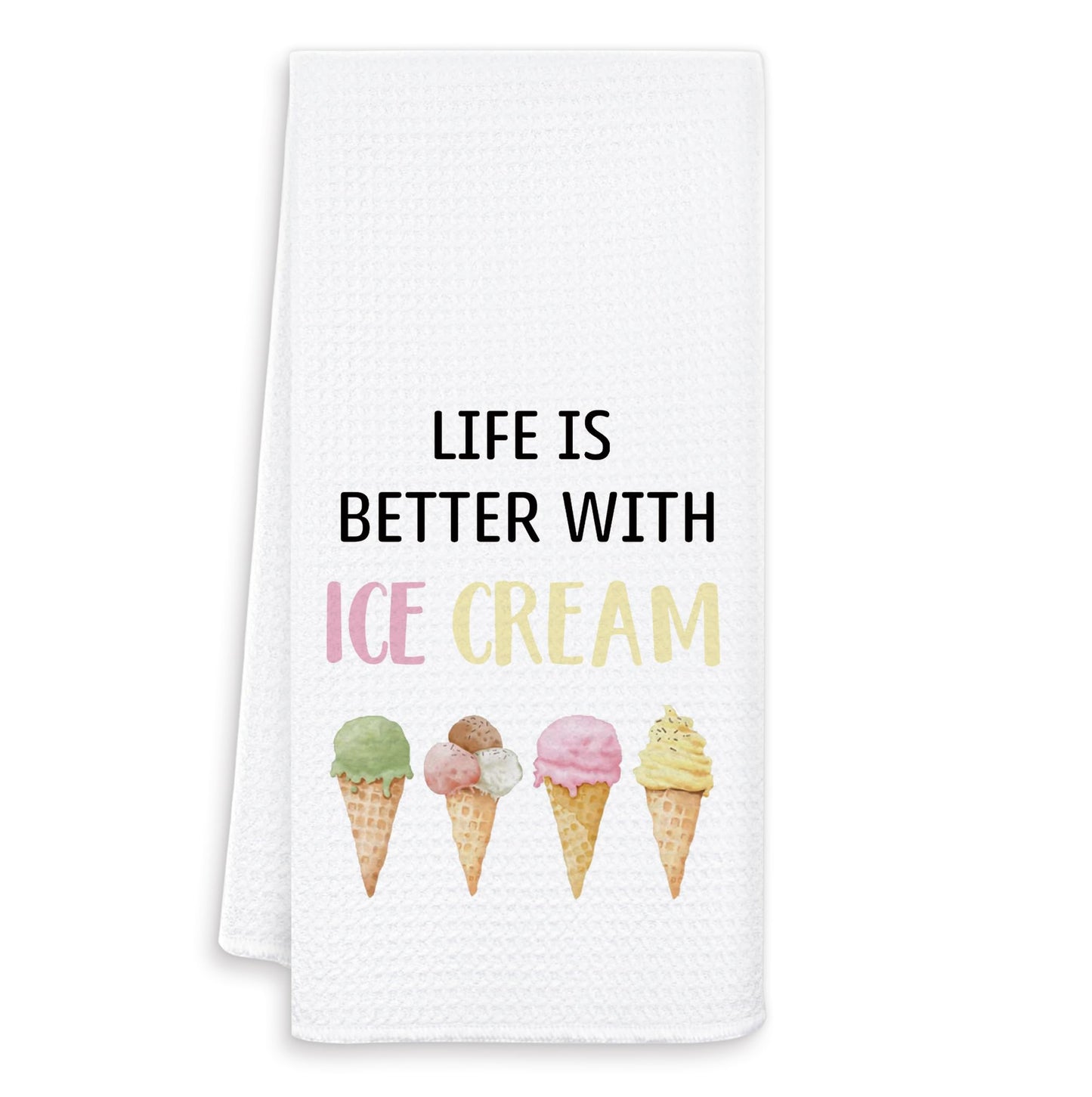 OSLYSOF Summer Ice-Cream Kitchen Towels, Ice Creams Lovers Gifts Dish Tea Towels for Kitchen Decor, Life is Better with Ice Cream Decorative Hand Towels for Bathroom, 16x24 Inch
