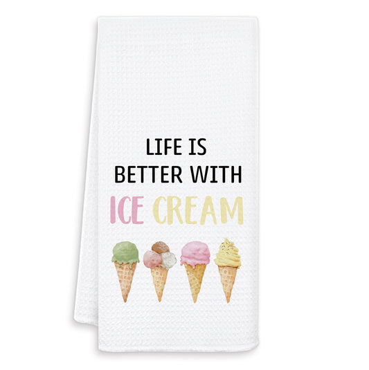 OSLYSOF Summer Ice-Cream Kitchen Towels, Ice Creams Lovers Gifts Dish Tea Towels for Kitchen Decor, Life is Better with Ice Cream Decorative Hand Towels for Bathroom, 16x24 Inch