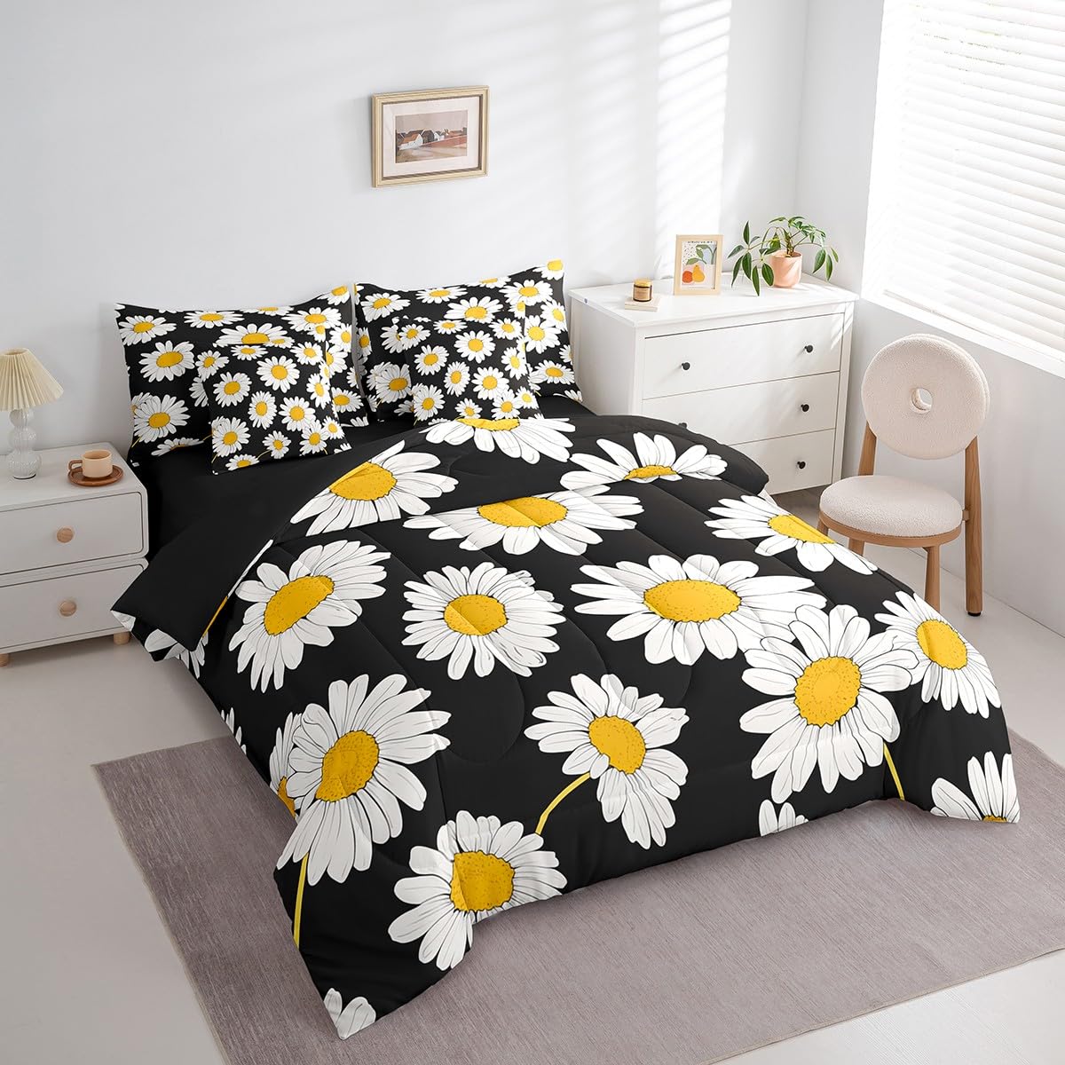 Erosebridal Daisy Floral Comforter Set 7 Piece Bed in a Bag Twin,Fashion Flowers Bedding Sets Abstract Blossom Theme Comforter and Sheet Set,Rustic Aesthetic Plant Bed Set