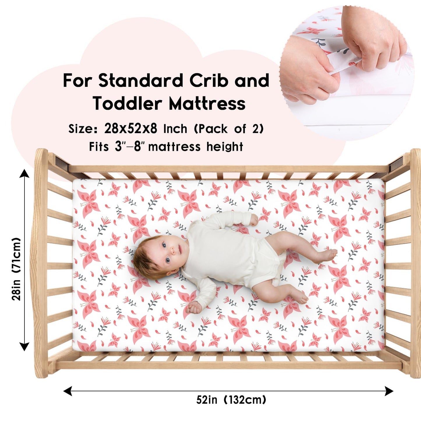 Yoofoss Baby Crib Sheets for Boys Girls, Fitted Crib Sheet 2 Pack for Standard Crib and Toddler Mattress, Super Soft Microfiber Baby Sheet 28x52x8in Pink + Butterflies