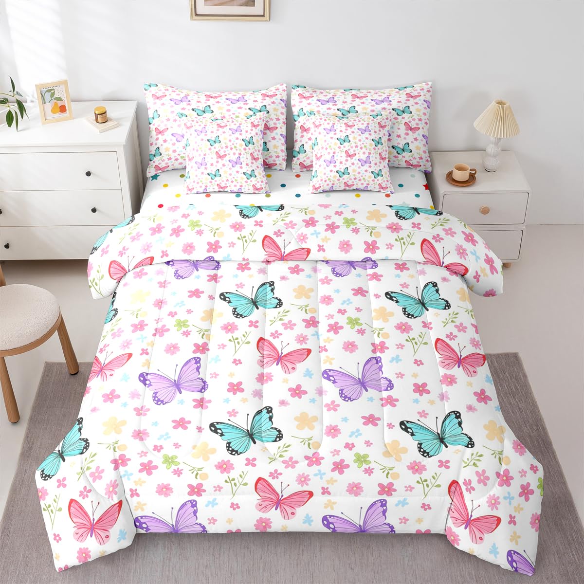 Feelyou Butterfly Comforter Set with Sheets 7 Piece Queen Size Girl Butterfies Floral Bedding Set for Kids Boys Girls Cute Bed in a Bag Garden Plant Room Decor White Pink Purple Soft Lightweight