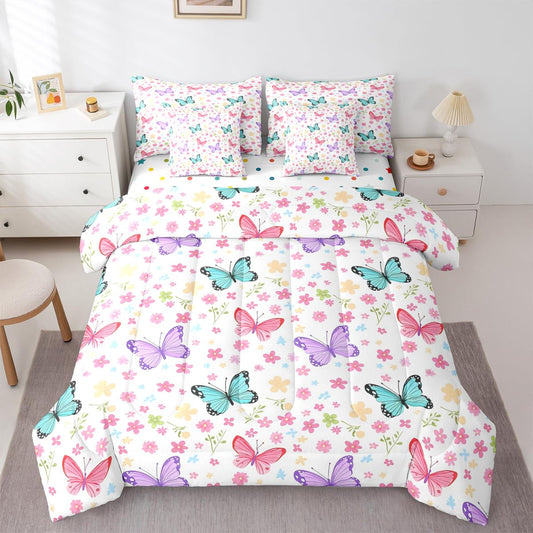 Feelyou Butterfly Comforter Set with Sheets 7 Piece Queen Size Girl Butterfies Floral Bedding Set for Kids Boys Girls Cute Bed in a Bag Garden Plant Room Decor White Pink Purple Soft Lightweight