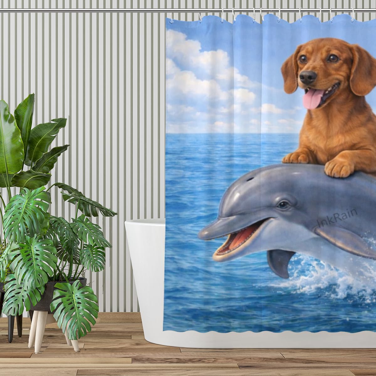 InkRain Ocean Dachshund Shower Curtain with 12 Hooks Cute Puppy Riding Dolphin Bathroom Decor Waterproof Polyester Fabric Coastal Beach Bath Curtain 72x72 Inch